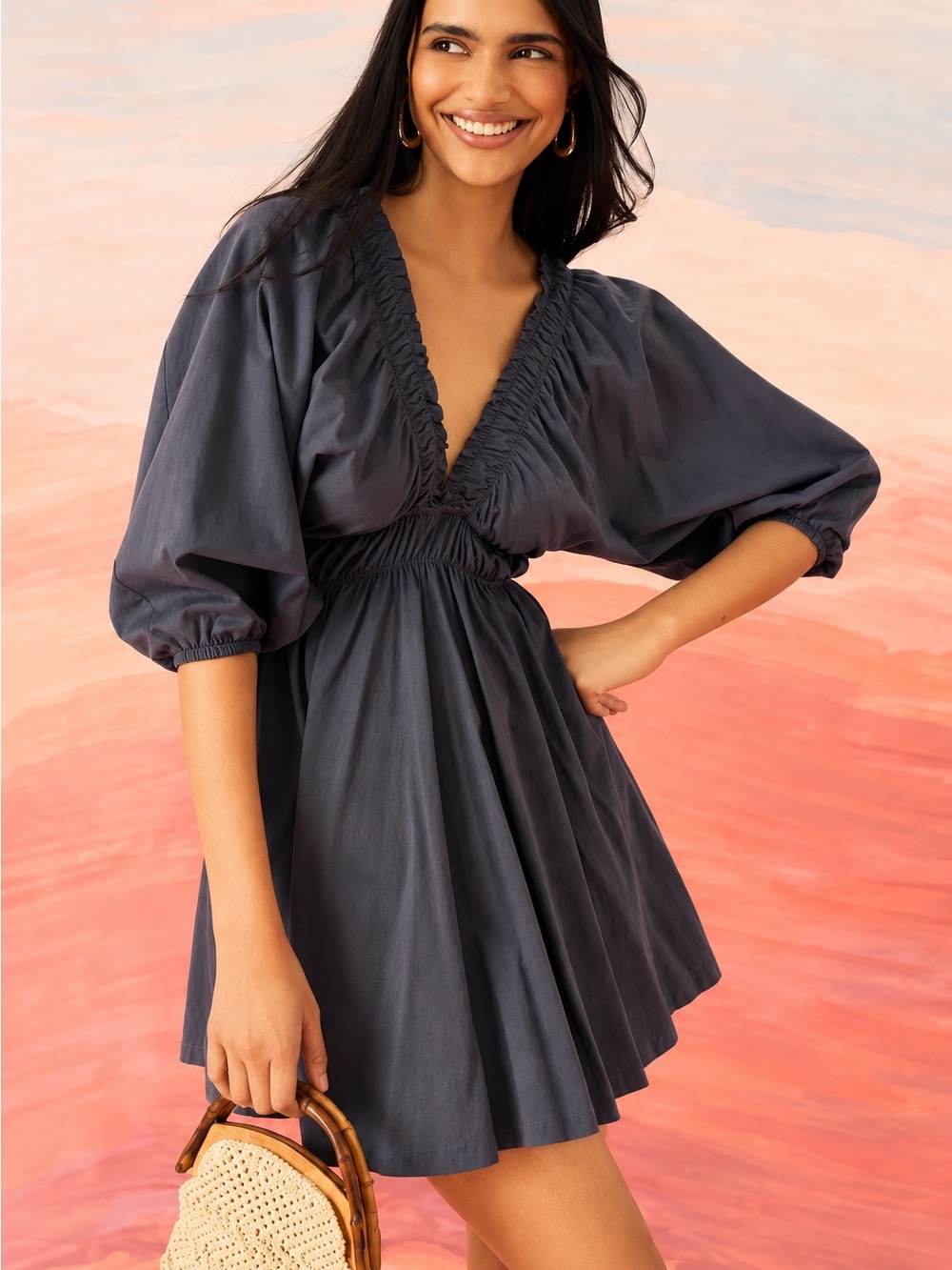 Smocked V-Neck Puff Sleeve Mini Dress in Charcoal